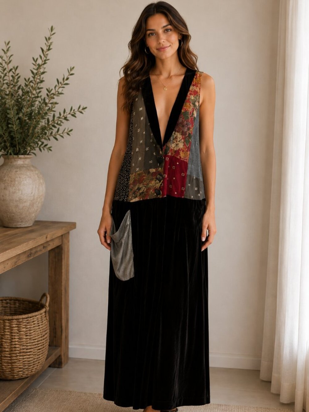Flattery Vintage Patchwork Velvet Maxi Dress Silk Blend Sleeveless Art Lagenlook